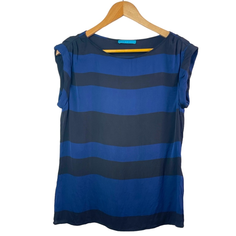 Alice + Olivia Striped Rolled Cap Sleeve Silk Stretch Top Blouse in Black & Blue